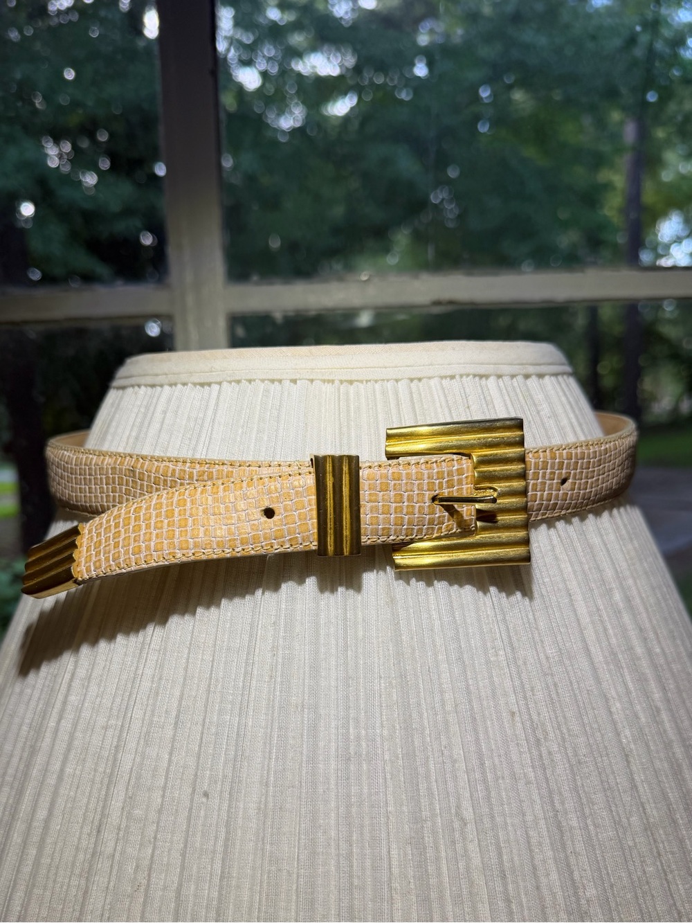 Vintage Italian, leather Carlisle Beige Textured Belt with Gold Ribbed Buckle
